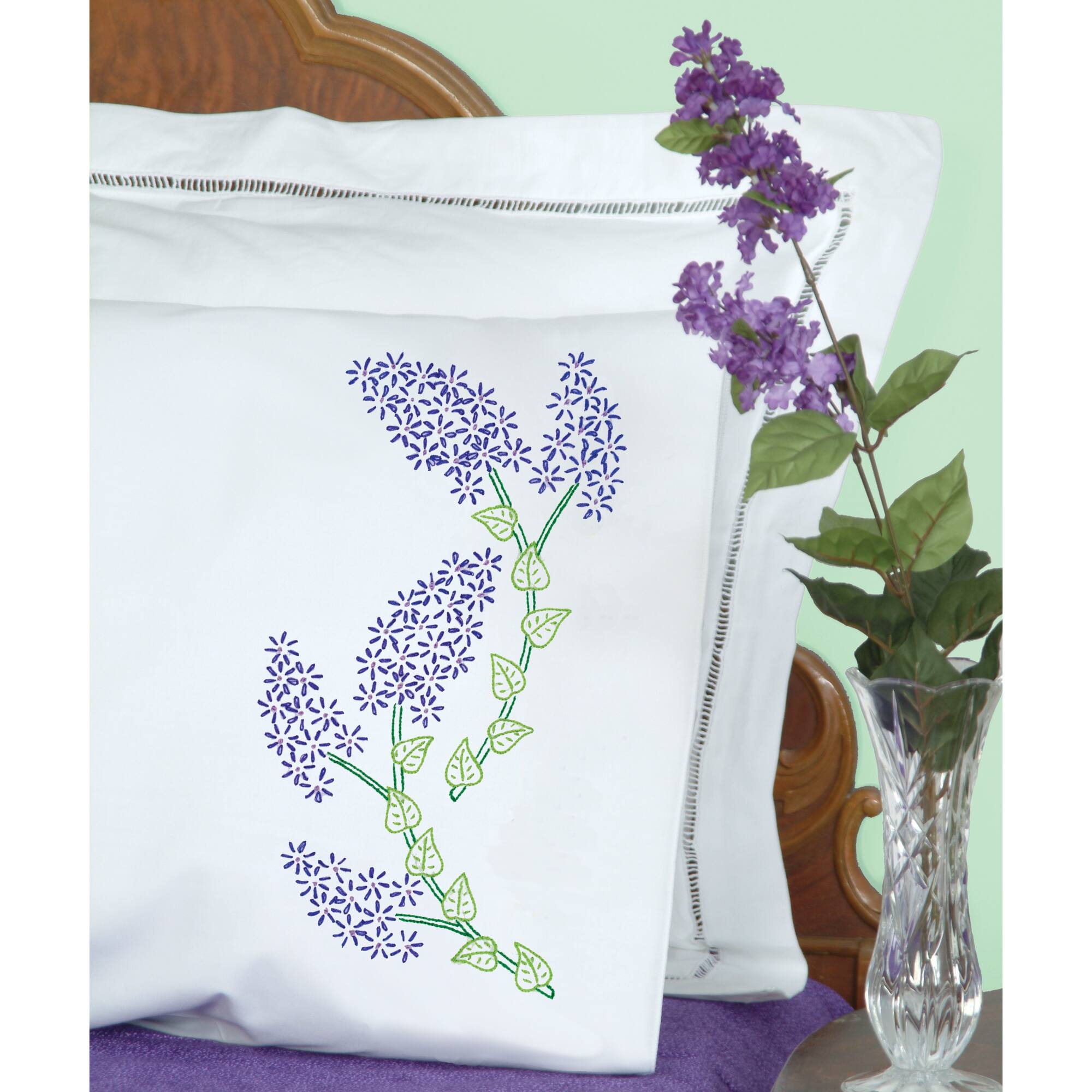 Jack Dempsey Lilacs Perle Edge Stamped For Embroidery Pillowcase Set